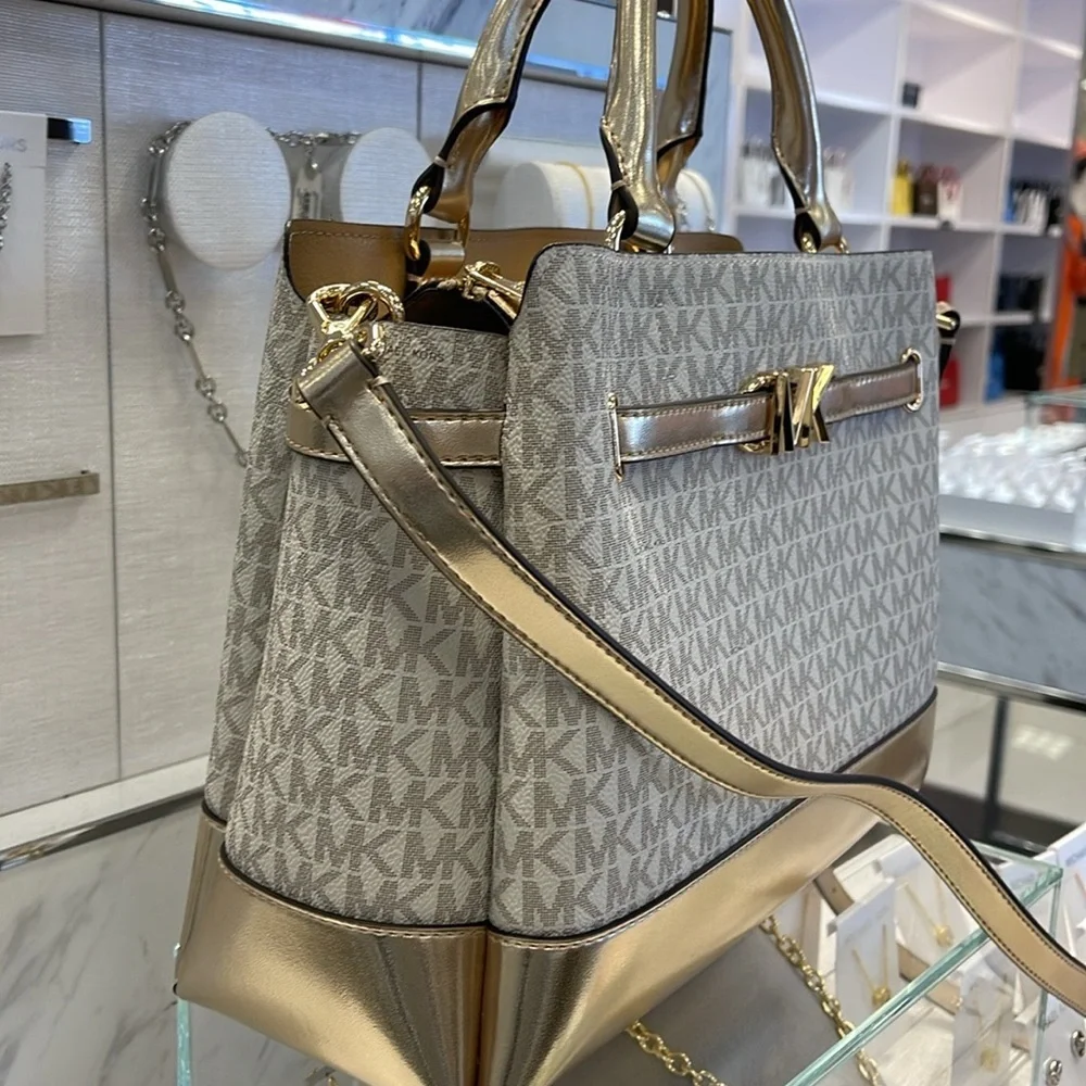 MICHAEL KORS  Reed Large Central Zip Graphic Logo Belted Satchel Pale Gold  NWT