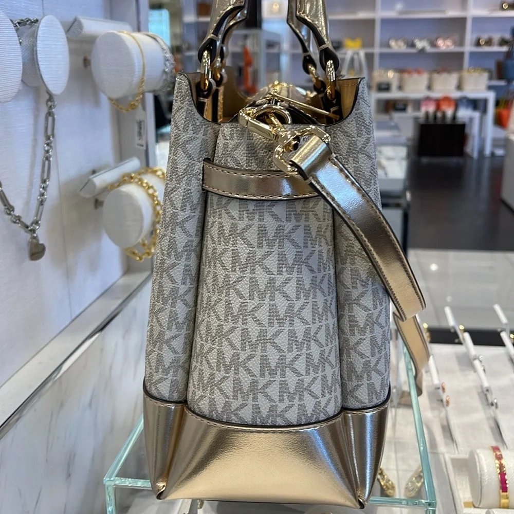 MICHAEL KORS  Reed Large Central Zip Graphic Logo Belted Satchel Pale Gold  NWT
