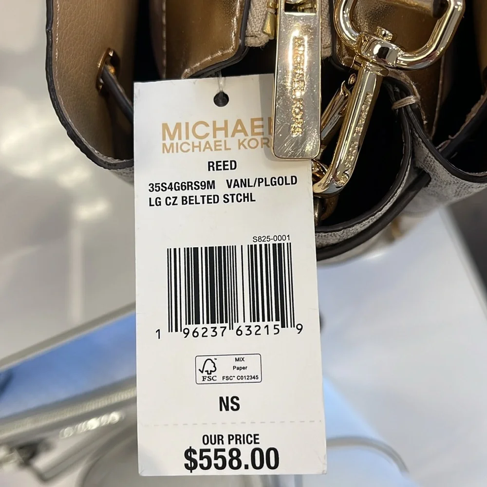 MICHAEL KORS  Reed Large Central Zip Graphic Logo Belted Satchel Pale Gold  NWT