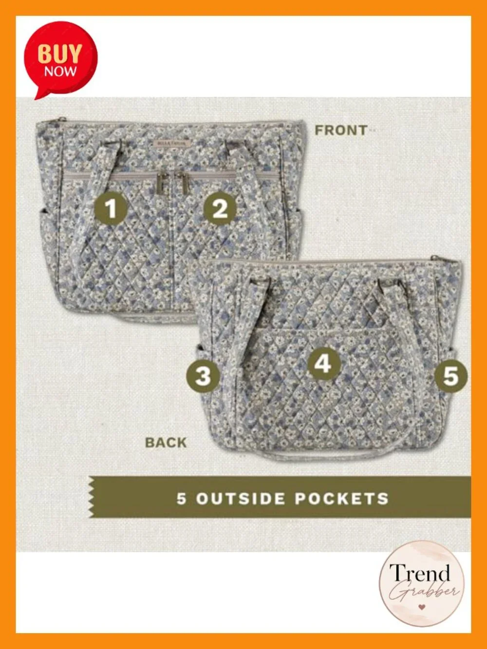 Quilted Cotton Tote with Multiple Pockets Shoulder Bag