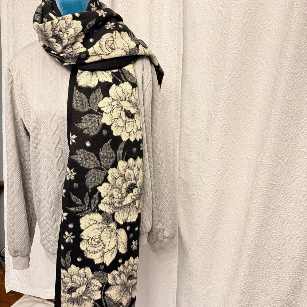 Large Floral Black and Cream Reversible Shawl,Scarf, Poncho.