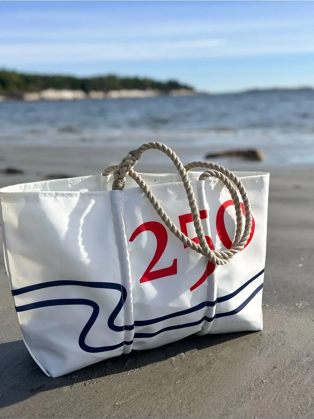 White Tote Bag with Red '250' Print and Navy Wave Accent