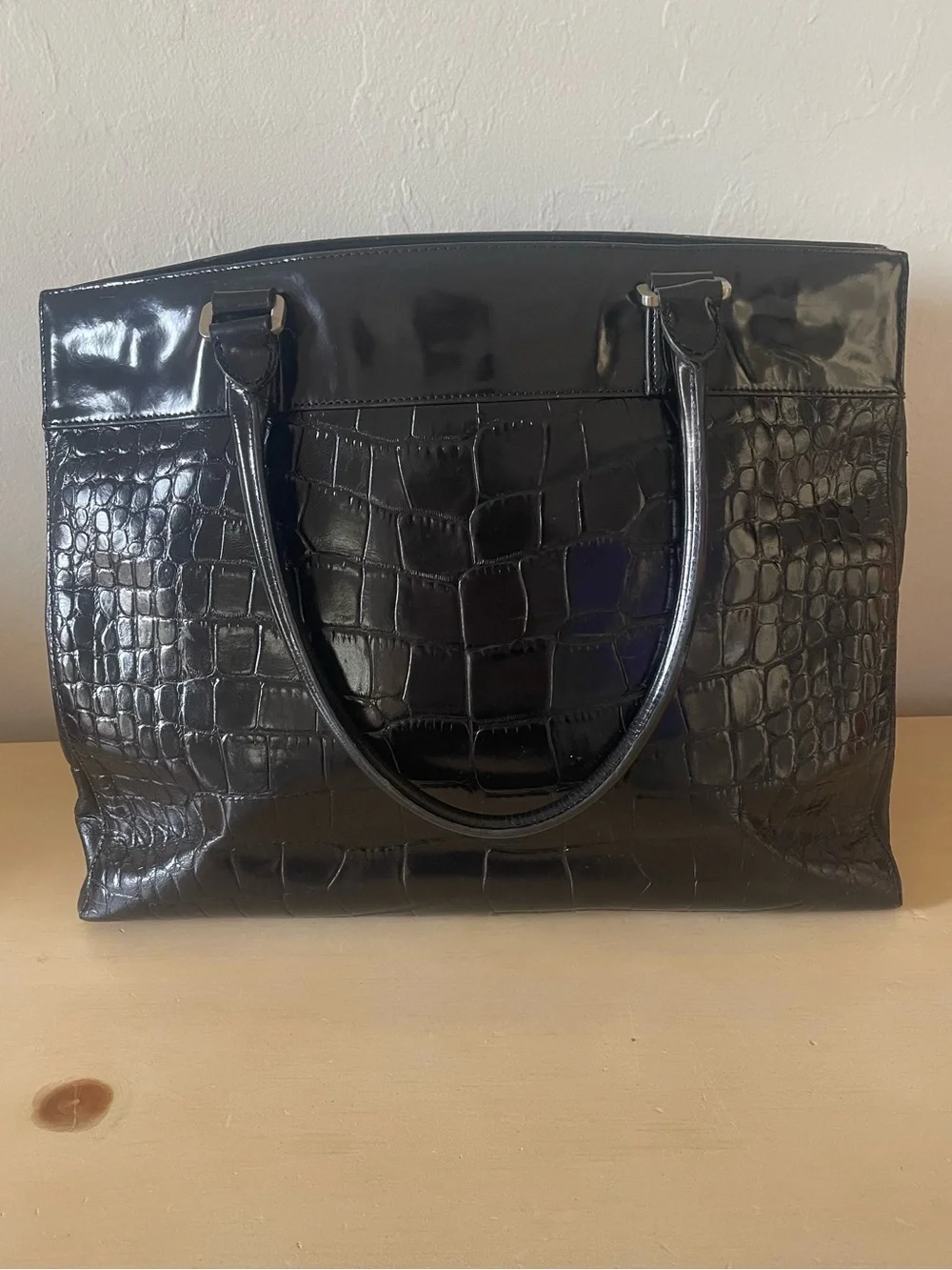 Ann Taylor Factory Black Croc-Embossed Patent leather tote bag