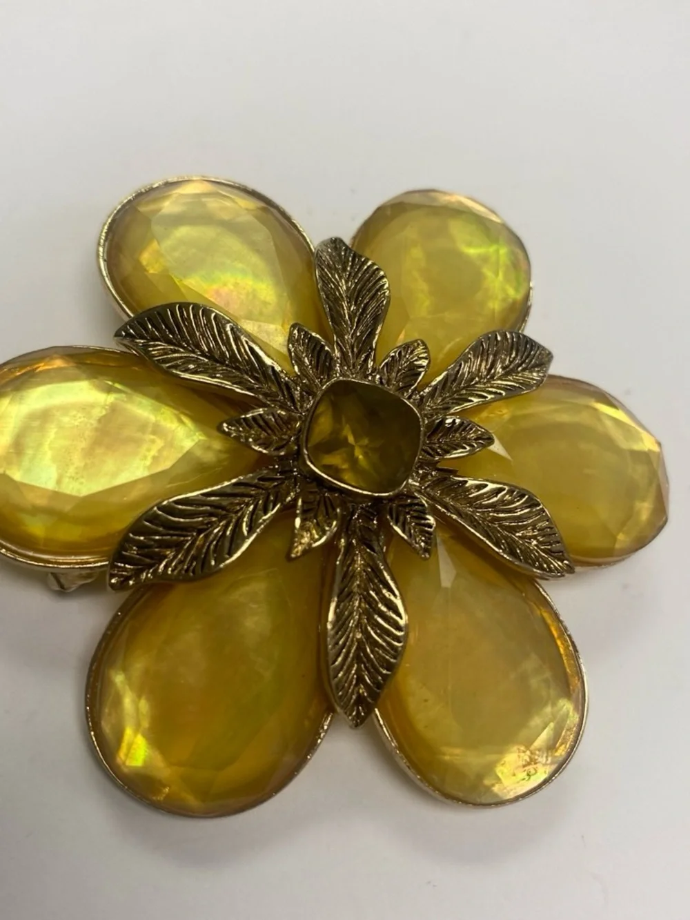 Vintage Monet Yellow Floral Glass Petal Brooch with Gold-Tone Leaves