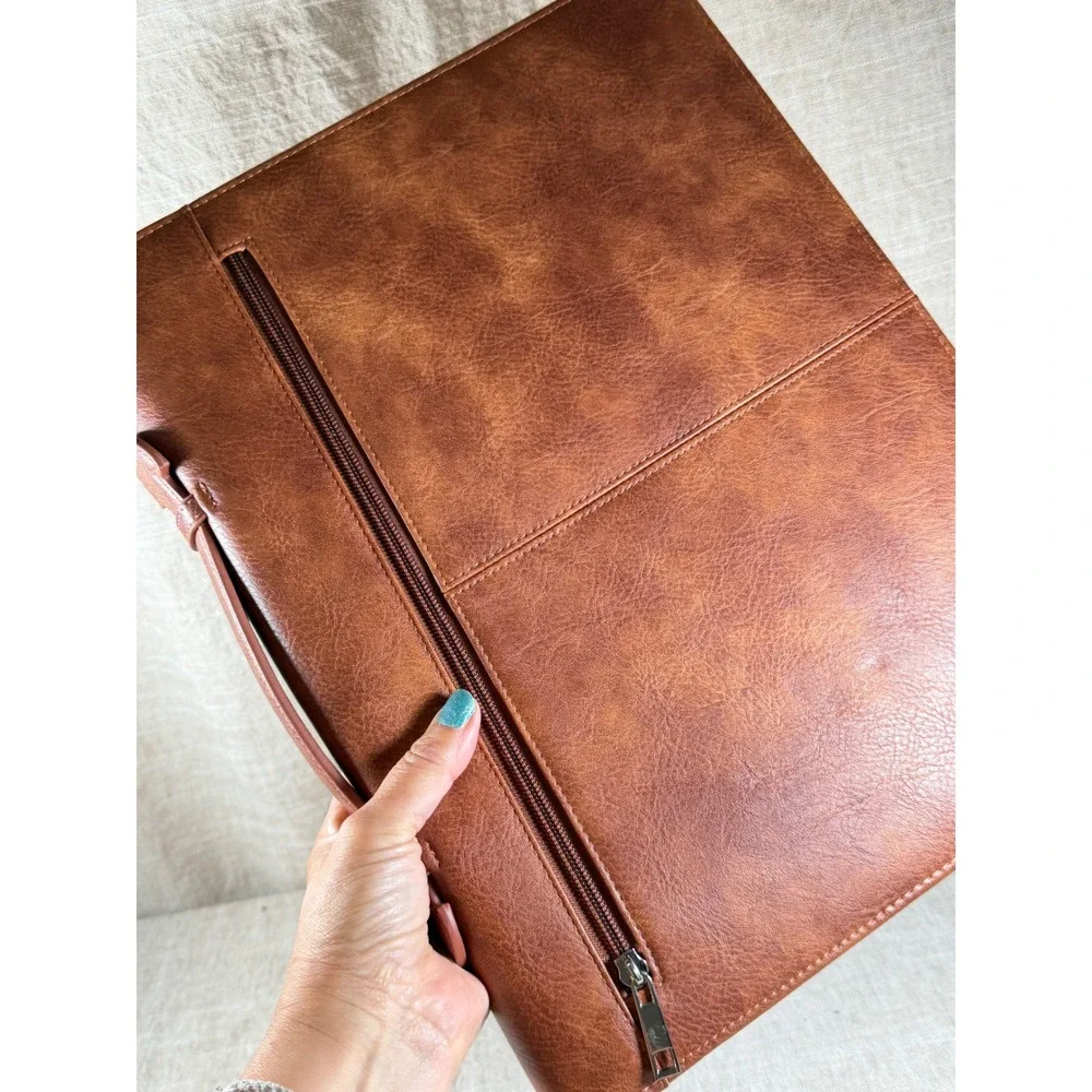 Vintage Cognac Faux Leather Portfolio Organizer Zip Folio Business Case