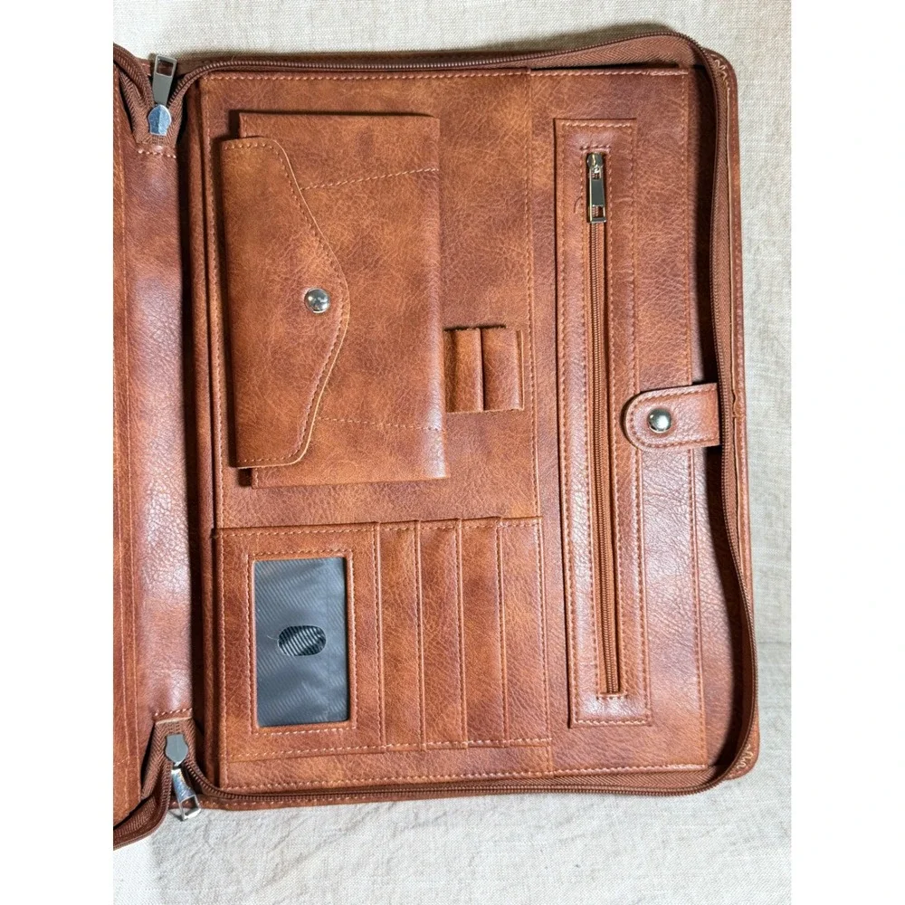 Vintage Cognac Faux Leather Portfolio Organizer Zip Folio Business Case