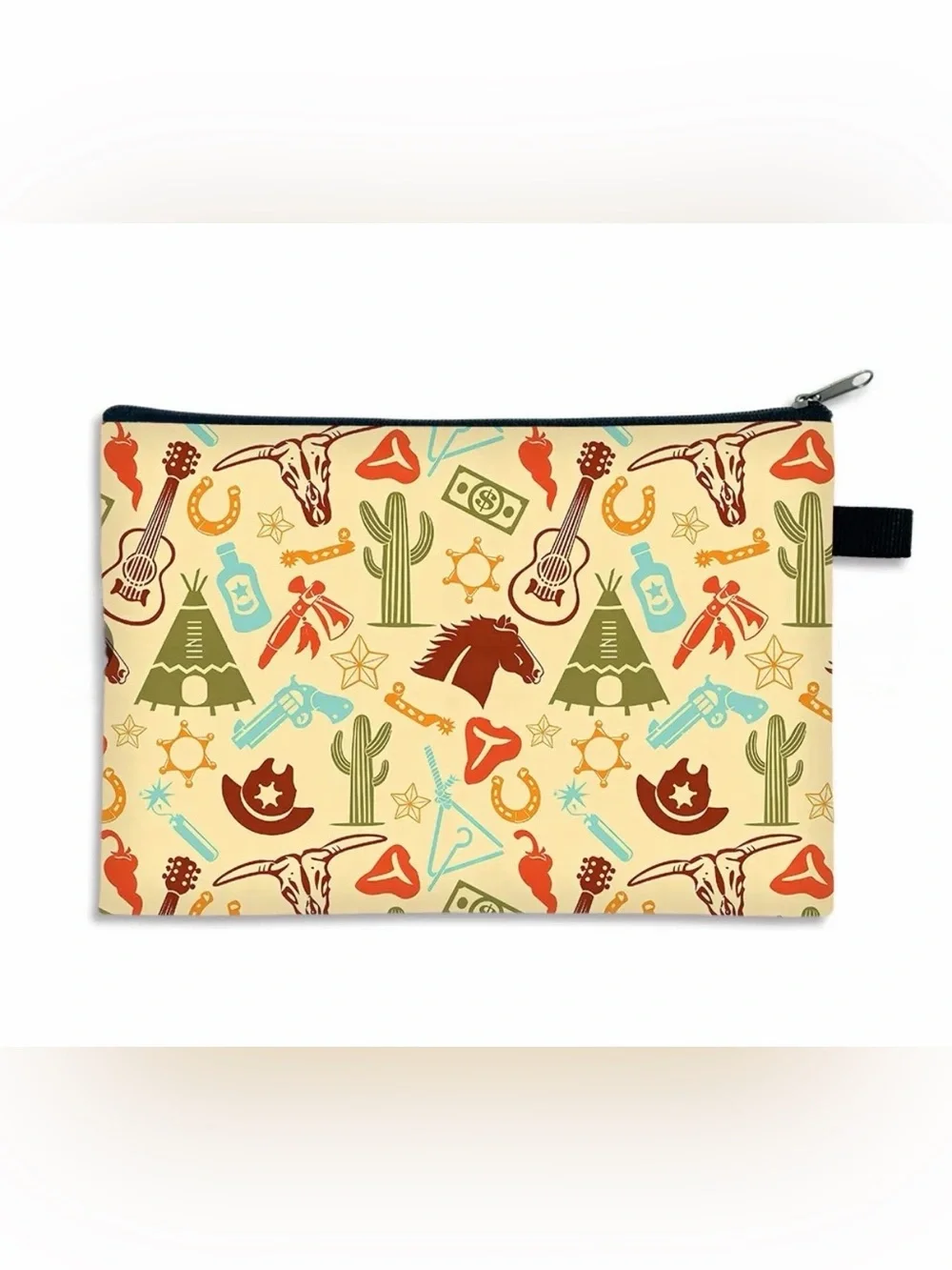 Western Icon Print Pouch in Cream, Brown, Olive & Teal Cosmetic Pouch