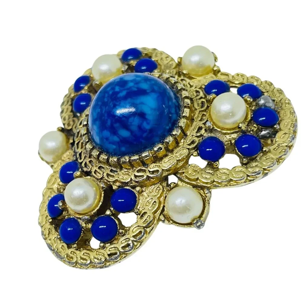 Vintage gold tone glass lapis pearls designer brooch