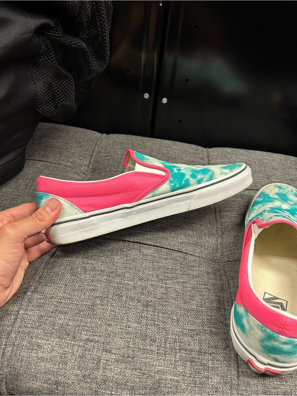 Vans Custom Slip-On Sneakers in Teal & Hot Pink. Size 9.5 men’s. Gently worn