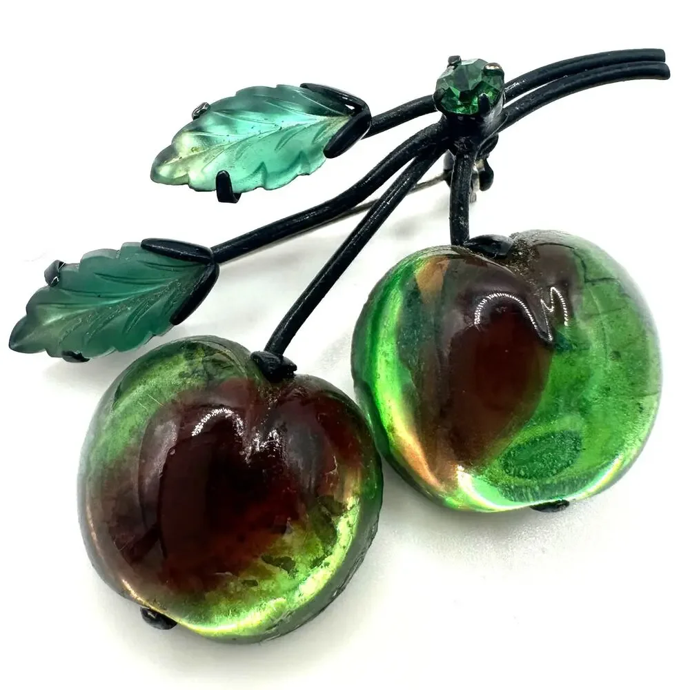 Vintage black japanned gunmetal green red fruits art glass leaves brooch