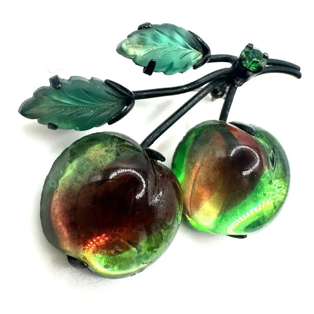 Vintage black japanned gunmetal green red fruits art glass leaves brooch
