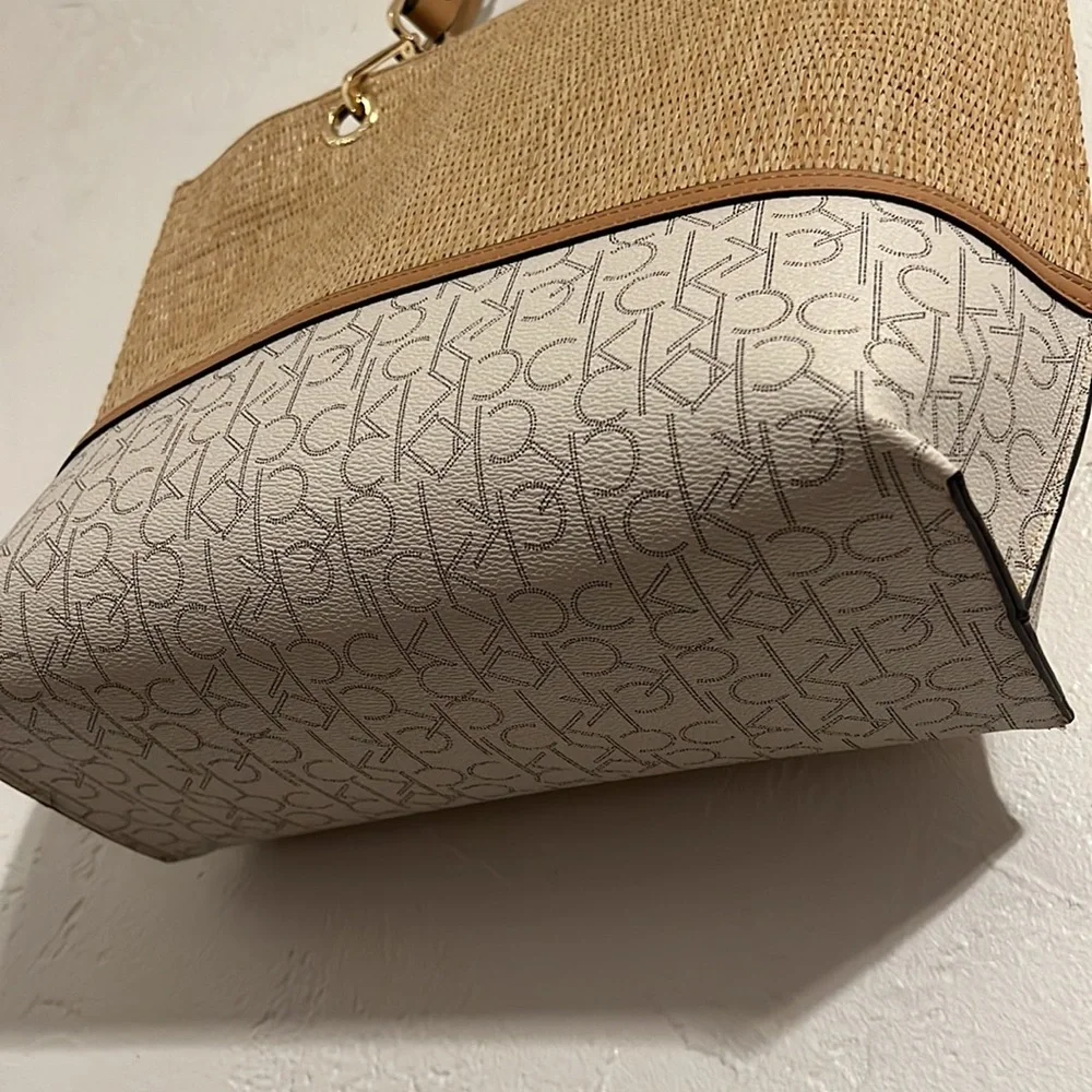 Calvin Klein Beige Straw Tote with Ivory CK Logo Panel