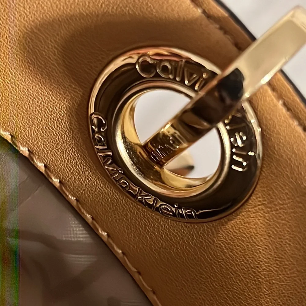 Calvin Klein Beige Straw Tote with Ivory CK Logo Panel