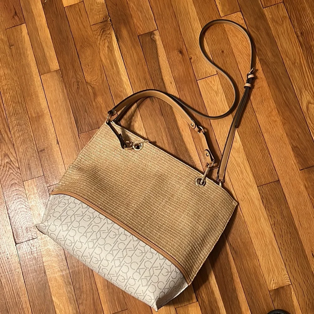 Calvin Klein Beige Straw Tote with Ivory CK Logo Panel