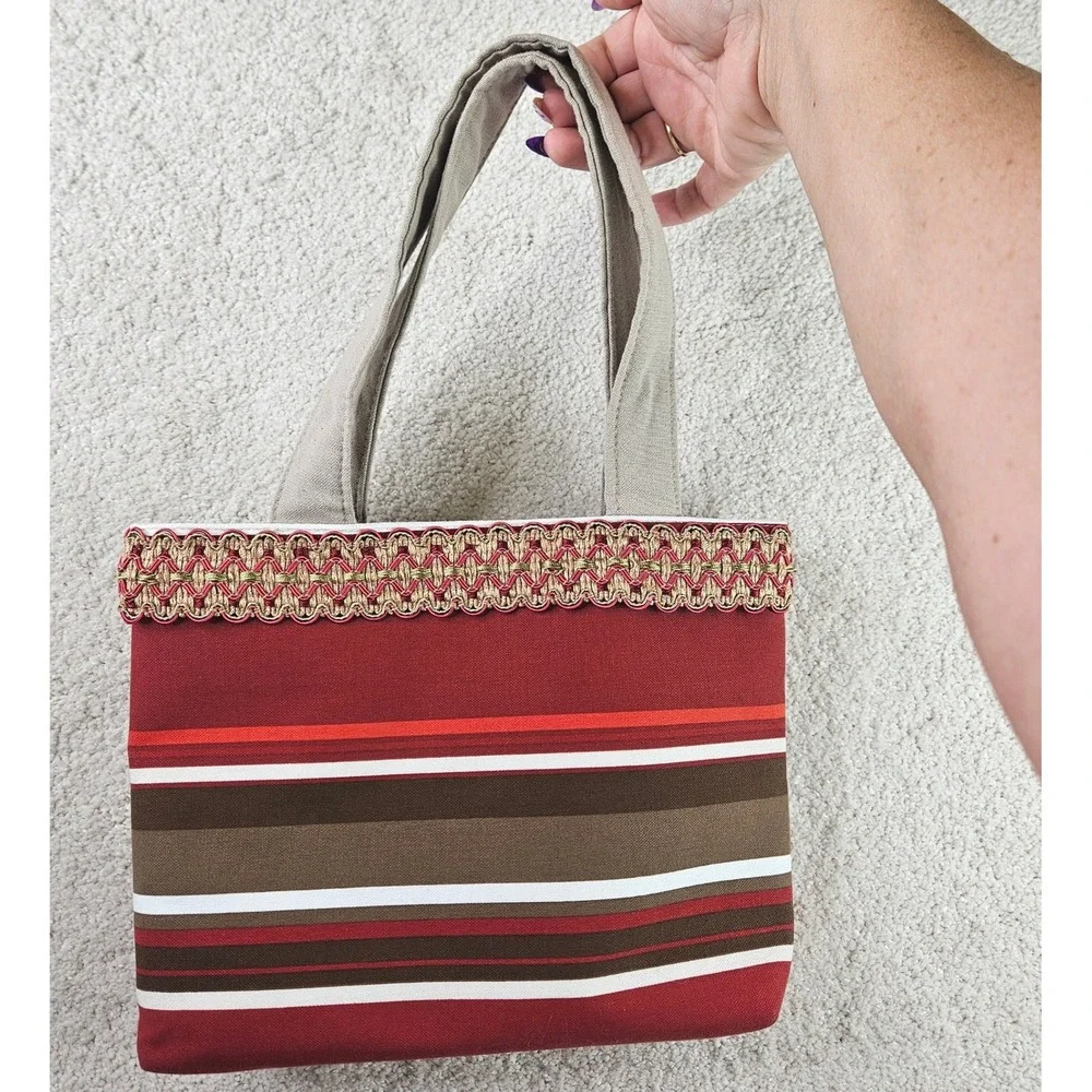 OOAK Handmade Striped Tote Bag Red‎ White Brown Gold Trim Snap Closure Purse