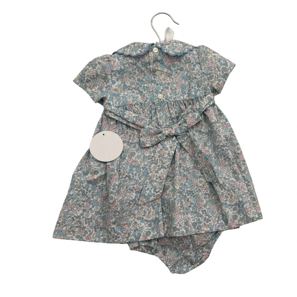 Edgehill Collection Baby Girls Blue Floral Smocked Dress & Bloomer Set 3M