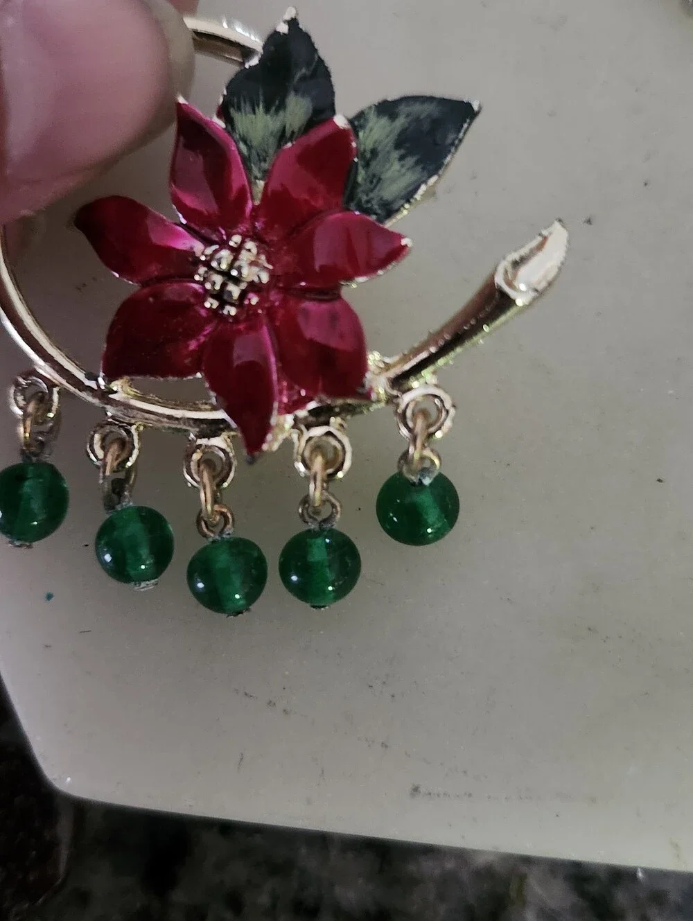 Gold-Tone Pink Flower and Green Bead Women's Brooch