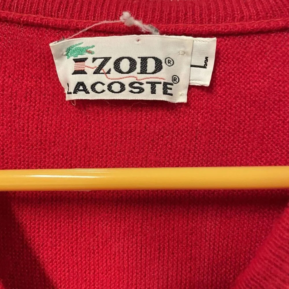VTG IZOD LACOSTE‎ Sweater Mens Large Vneck Grandpa RED Logo Luxury NYC Golf