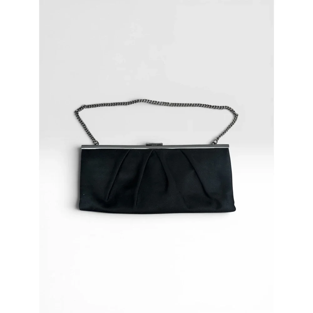 Ann Taylor LOFT Black Satin Pleated Clutch Evening Bag Red Interior Chain Strap