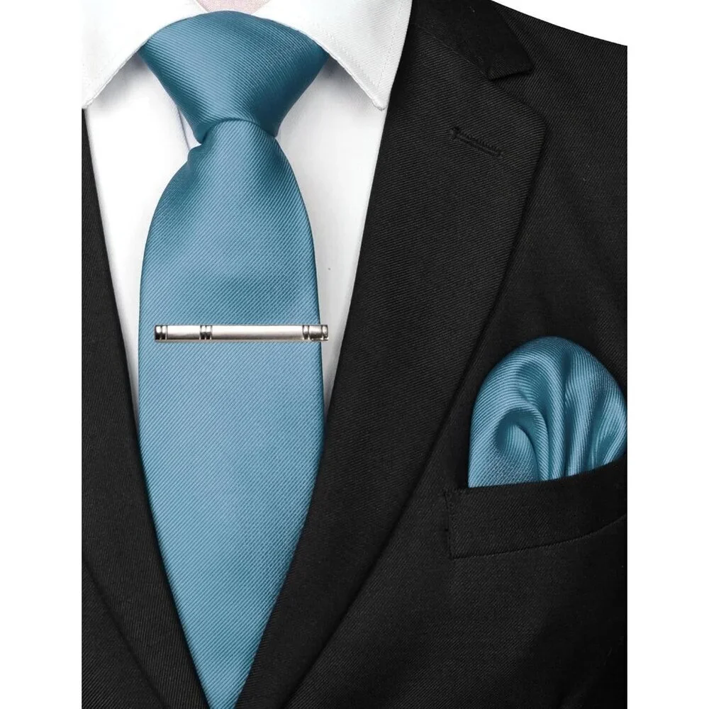 Men's Dusty Blue Colour Formal Necktie and Pocket Square Tie Clip Sets