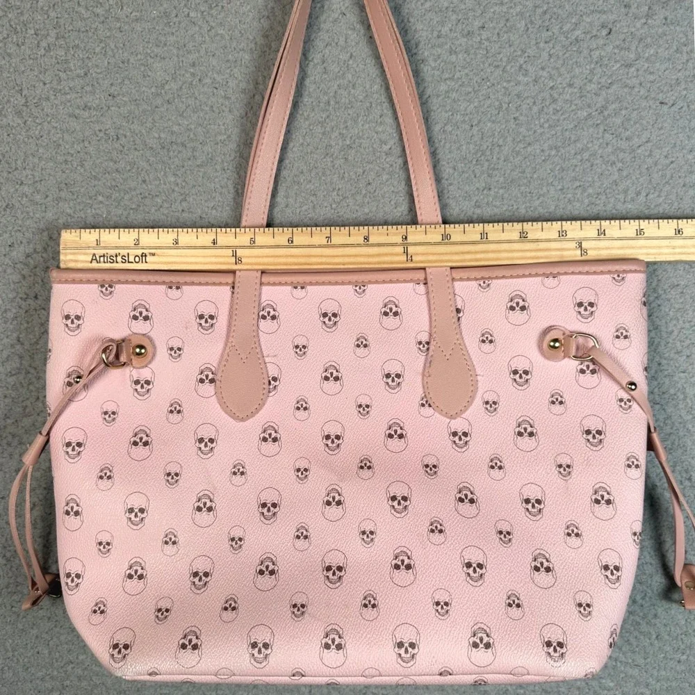 Pink Skull Tote Bag Womens OS Faux Leather Goth Punk Pastel Graphic Shoulder