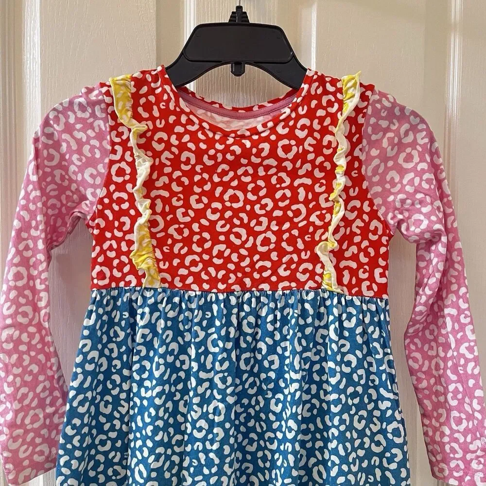Mini Boden Colorblock Cheetah Print Dress Long Sleeve Ruffle Girls Size 7-8