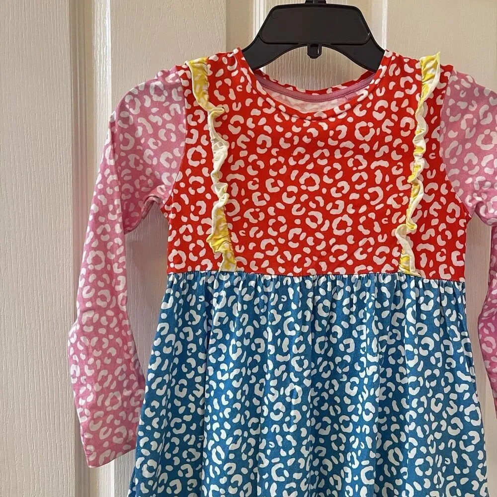 Mini Boden Colorblock Cheetah Print Dress Long Sleeve Ruffle Girls Size 7-8