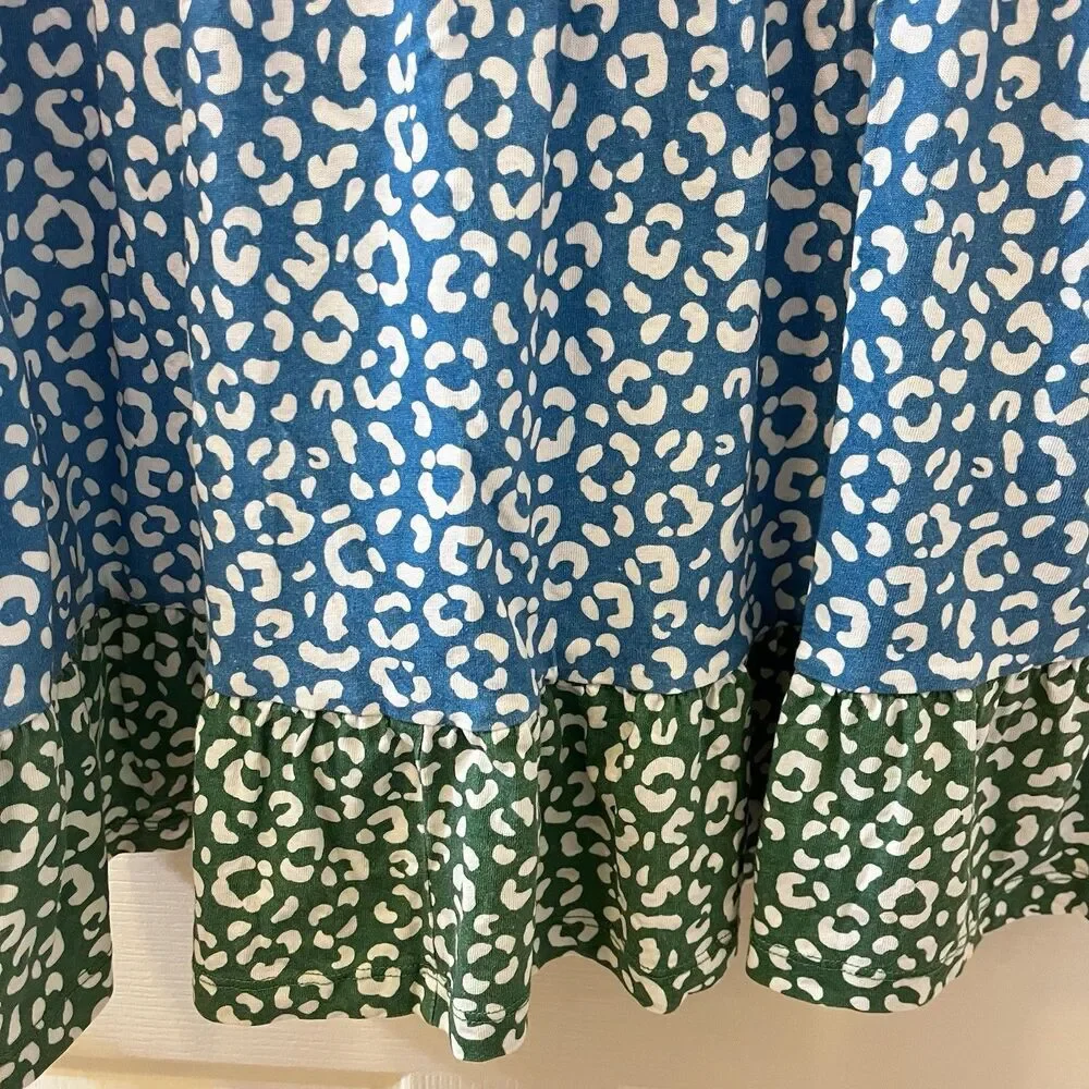 Mini Boden Colorblock Cheetah Print Dress Long Sleeve Ruffle Girls Size 7-8