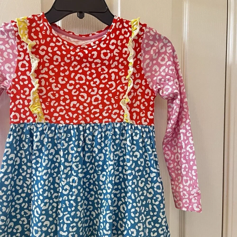 Mini Boden Colorblock Cheetah Print Dress Long Sleeve Ruffle Girls Size 7-8