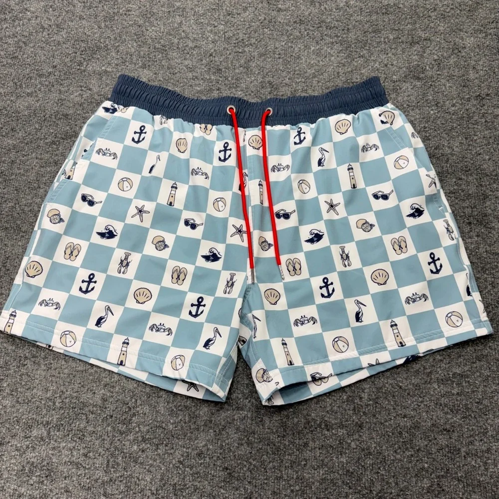 Swannies Men Blue Nautical Checkered Swim Trunks Board Shorts Size 38 Drawstring