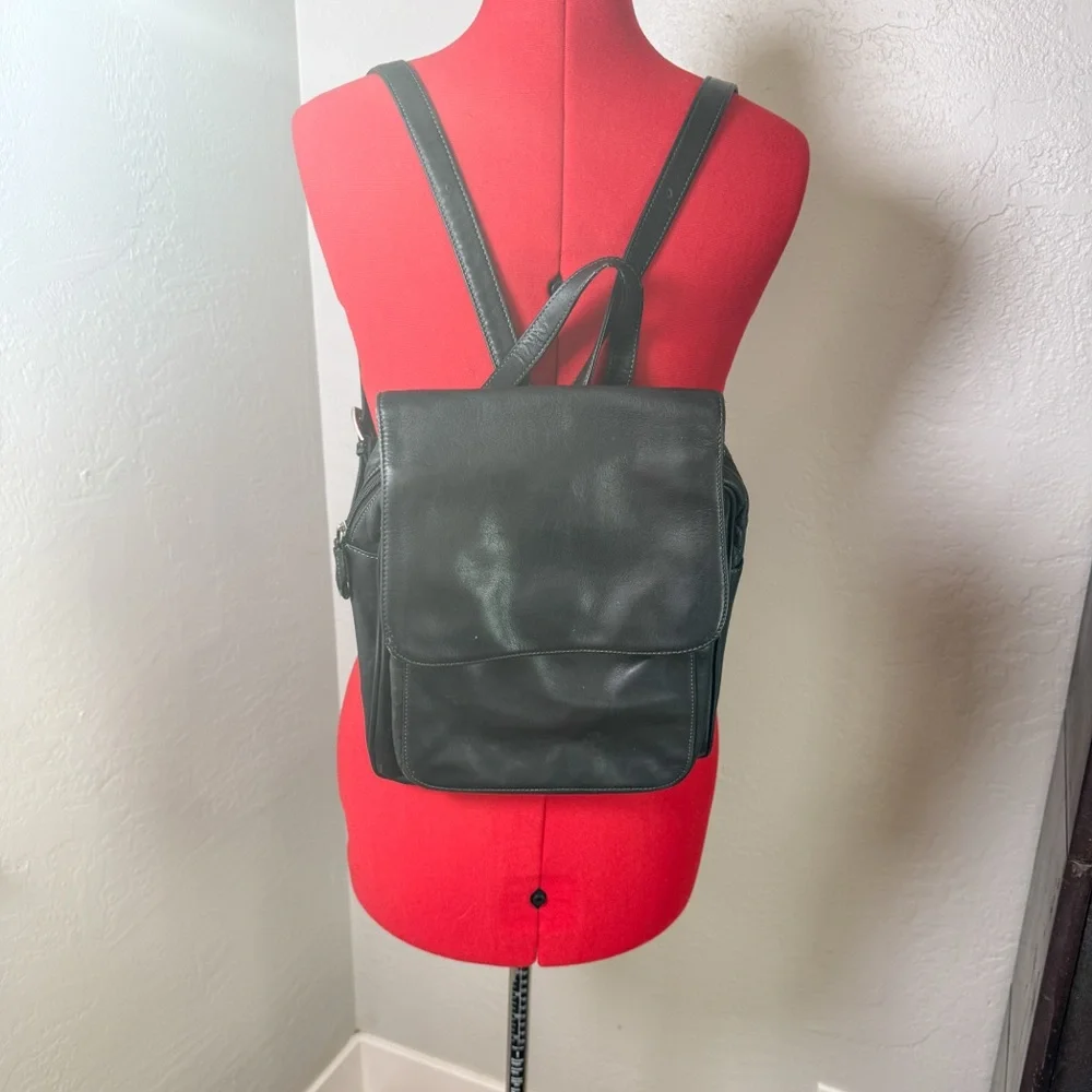 Tignanello Black Leather Backpack Multiple Pockets Top Handle Adjustable Straps