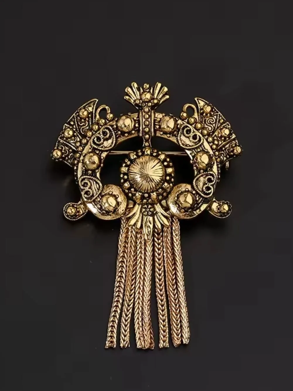 Ornate Gold Filigree Tassel Brooch Pin