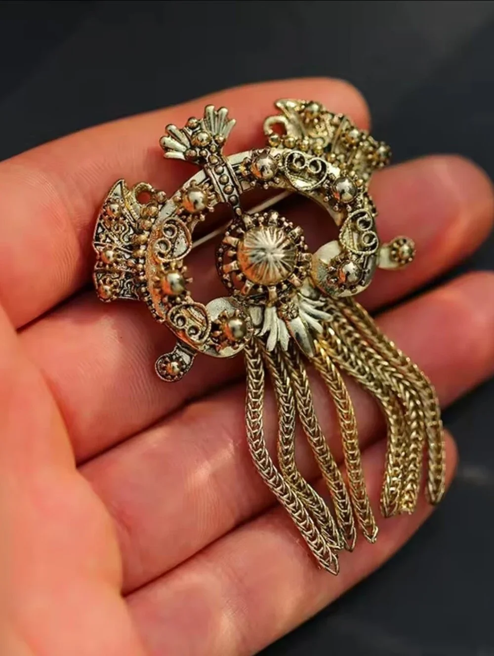 Ornate Gold Filigree Tassel Brooch Pin