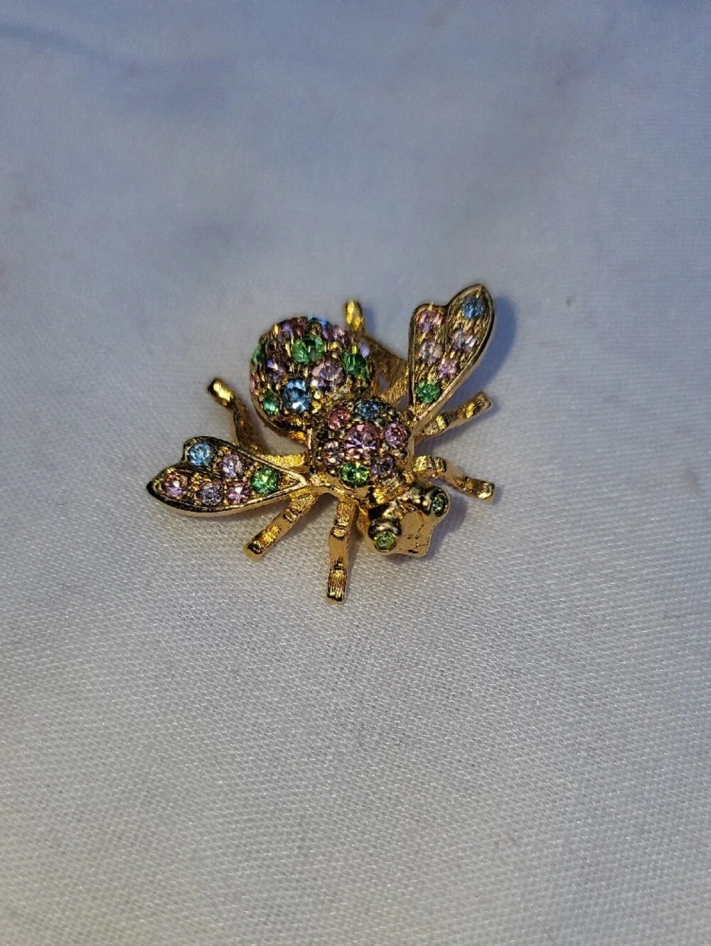 Vintage Joan Rivers Gold-Tone Bee Brooch with Pink, Green & Blue Stones