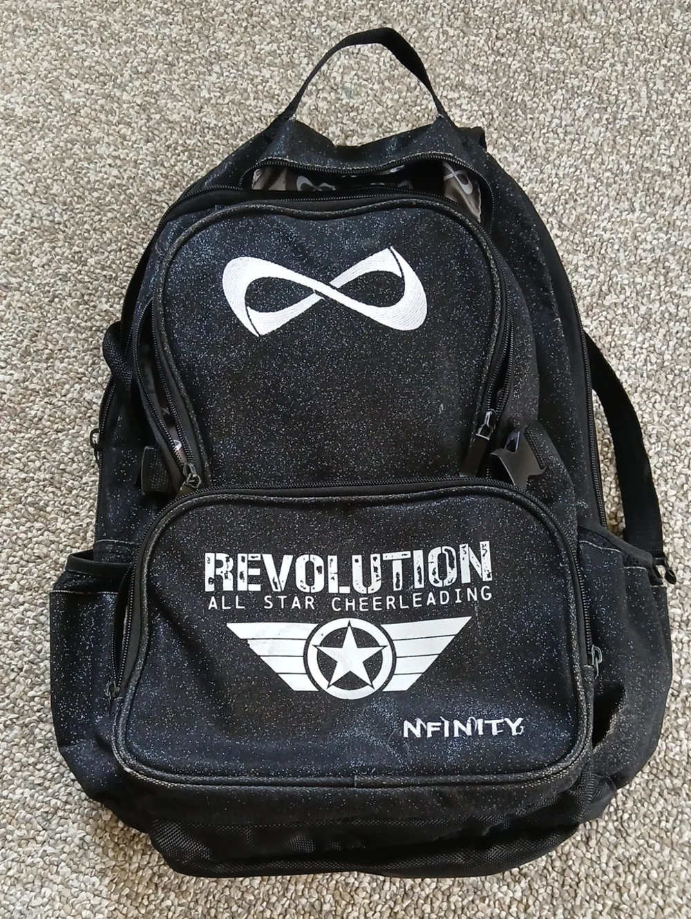 NFINITY Black Glitter Cheer Backpack with White Logos