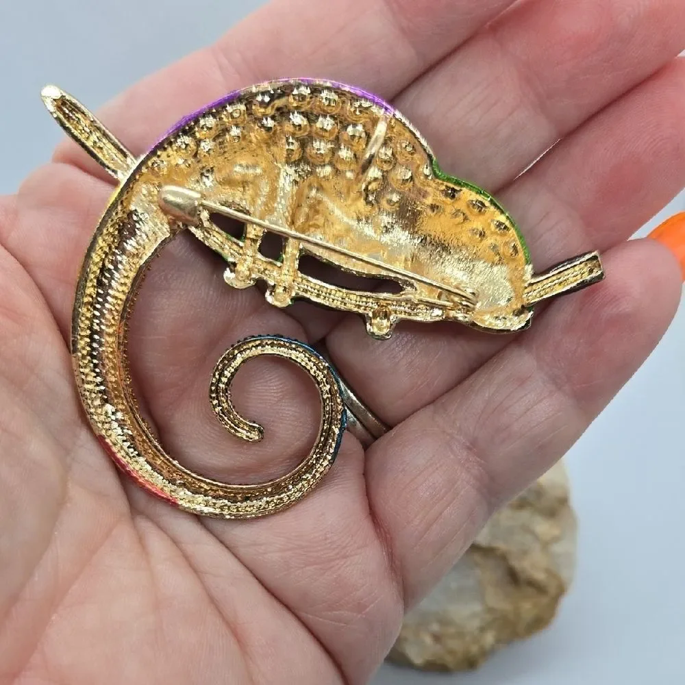 Colorful Chameleon Rhinestone Brooch Large Crystal Reptile Lizard Pin Statement