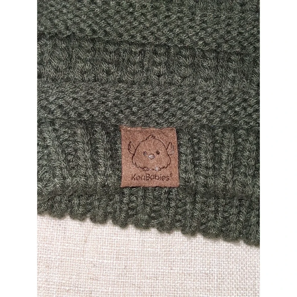 KeaBabies Kids Olive Green Knit Beanie Hat Faux Leather Patch Bird Logo