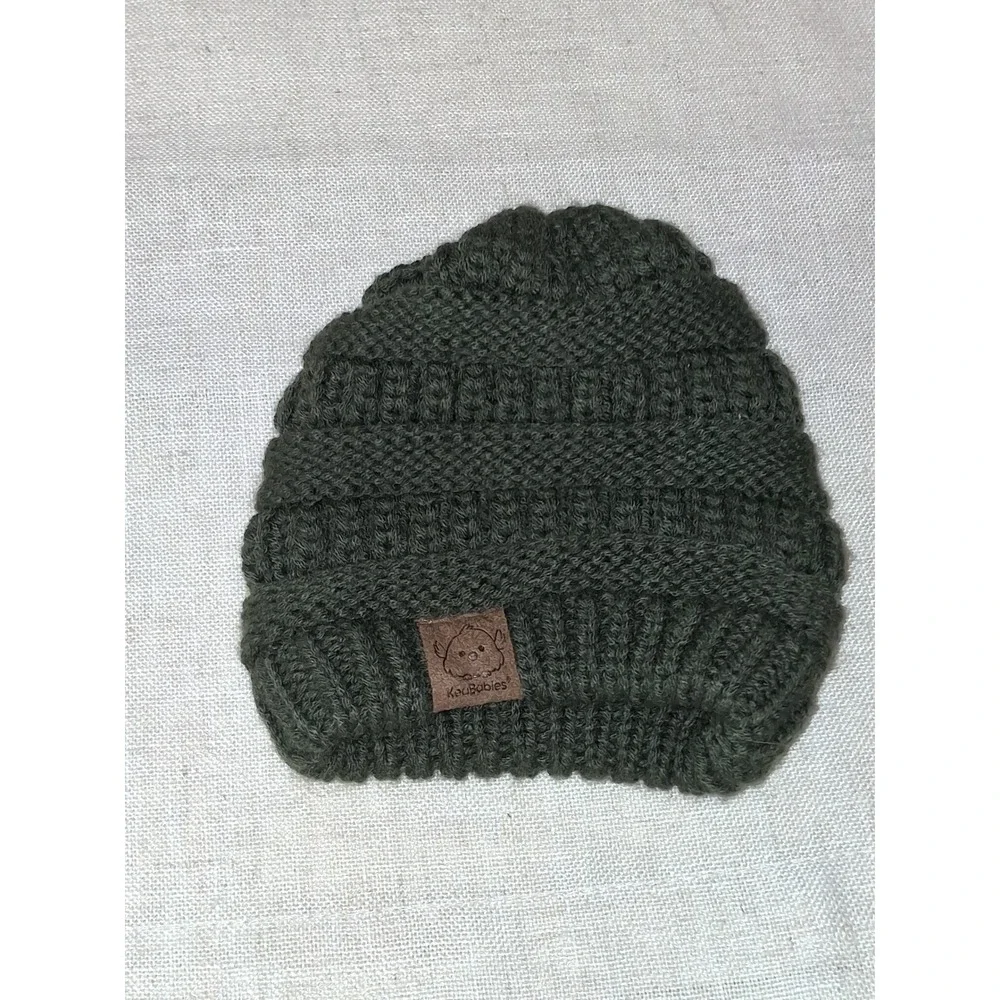 KeaBabies Kids Olive Green Knit Beanie Hat Faux Leather Patch Bird Logo