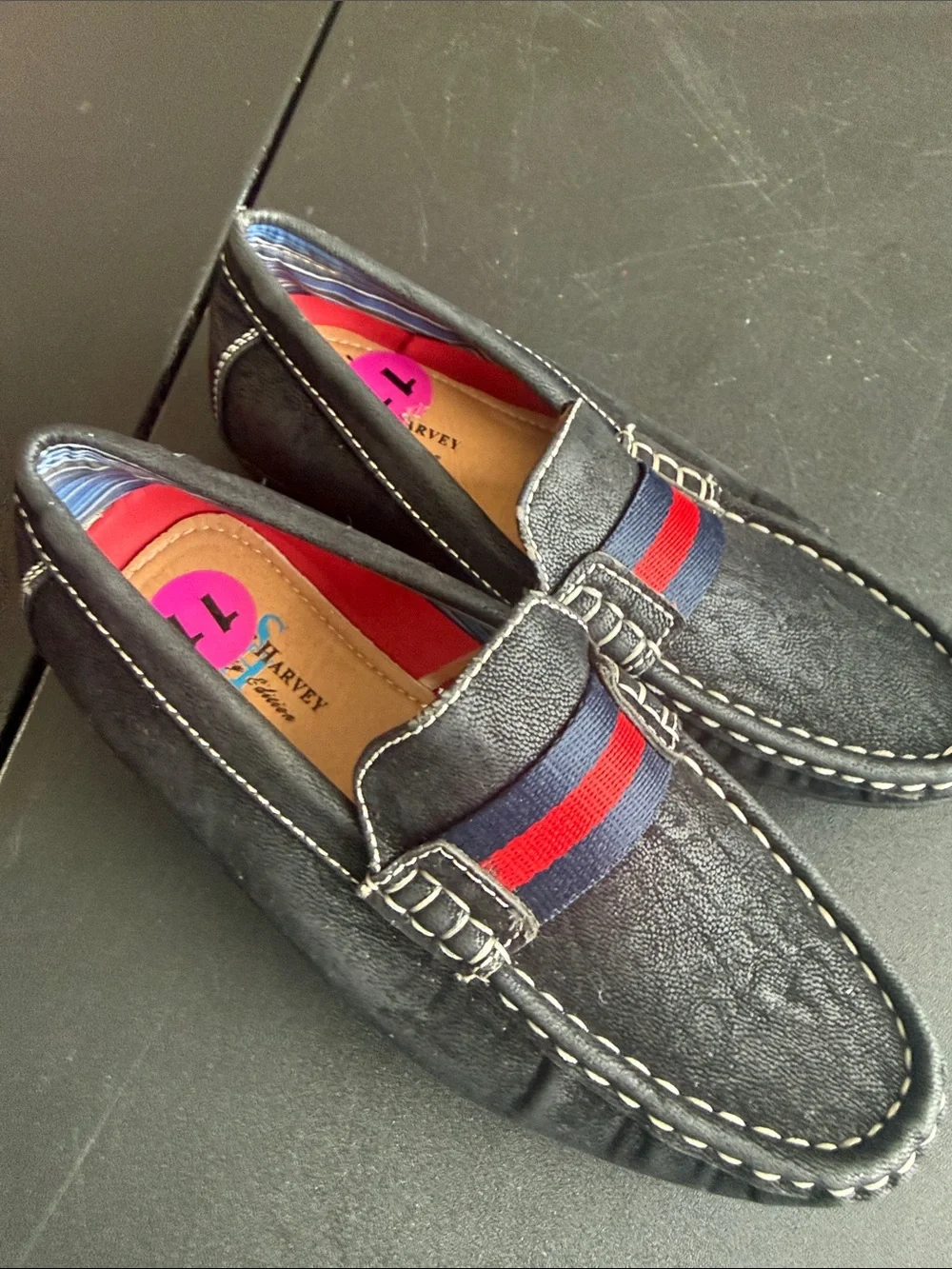 Steve Harvey Black Slip-On Loafers with Red & Blue Band