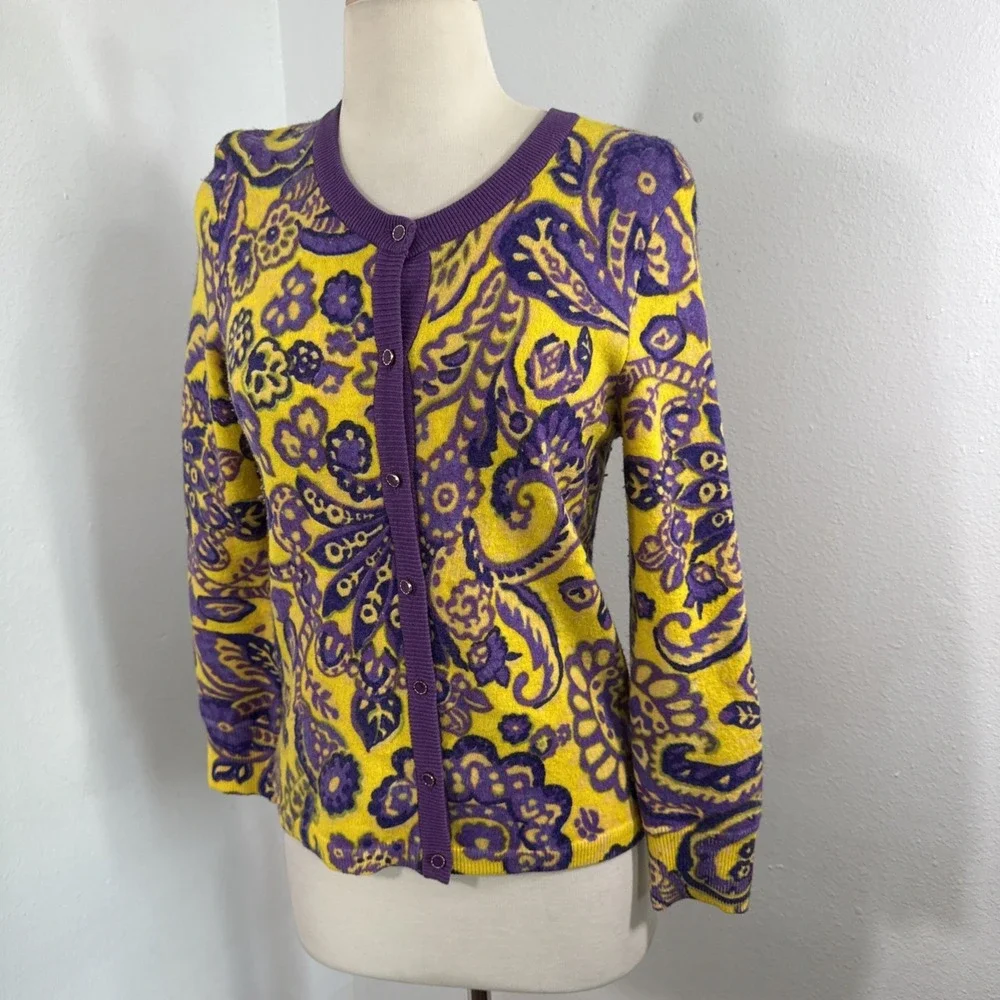 Kate Spade Cardigan‎ Womens S Paisley Floral Wool Psychedelic Statement Kni