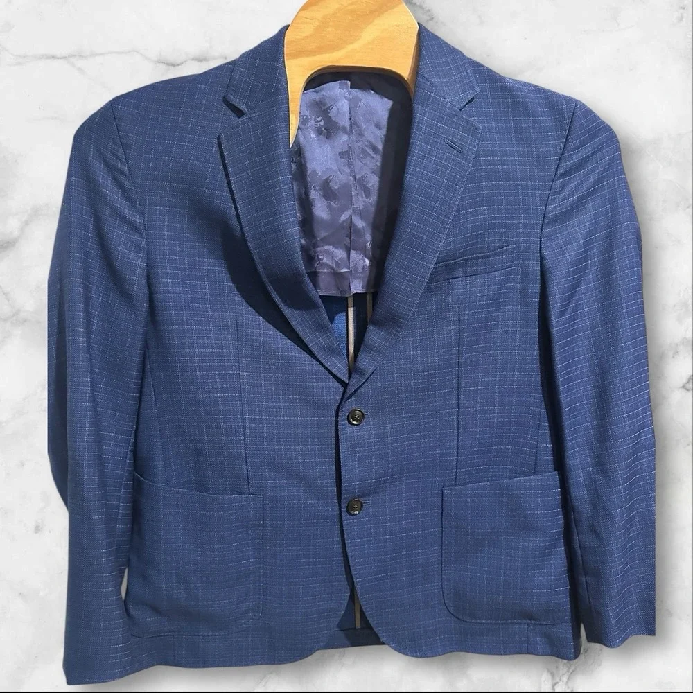 Ted Baker London Plaid‎ Wool Blazer Mens 46R Blue Sports Coat Suit Jacket