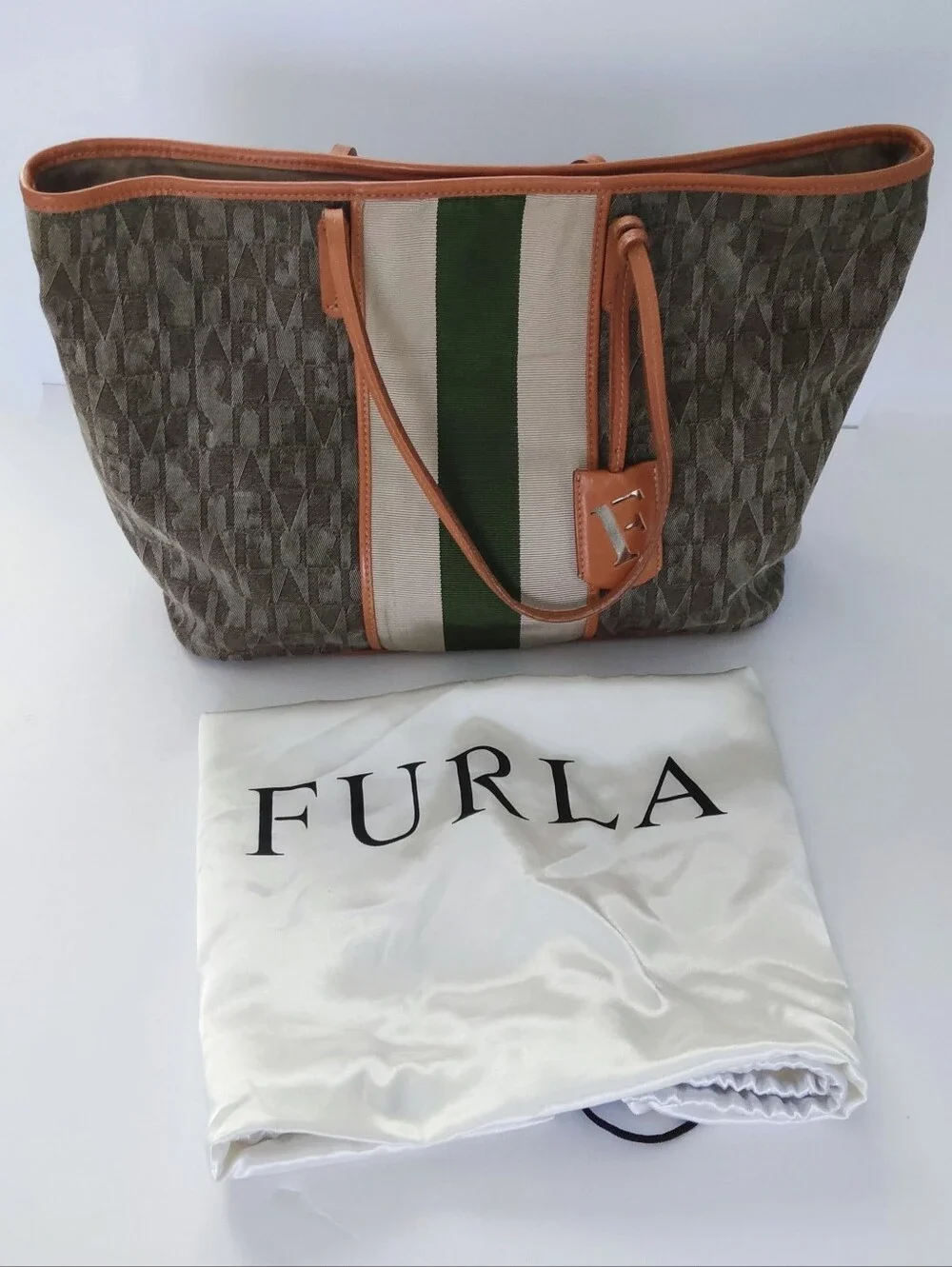 Furla Canvas Tote Bag with Green Stripe and Tan Lether Trim. Pre-owned.