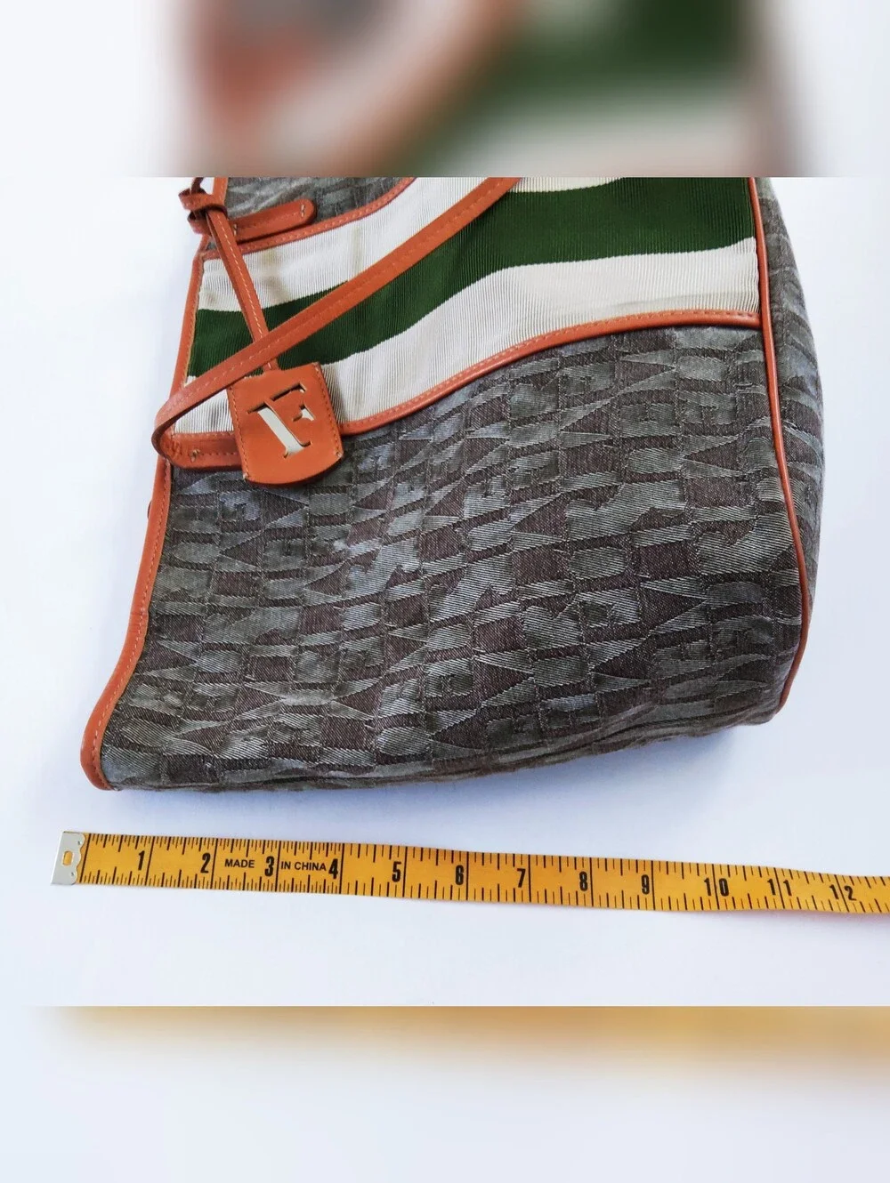 Furla Canvas Tote Bag with Green Stripe and Tan Lether Trim. Pre-owned.