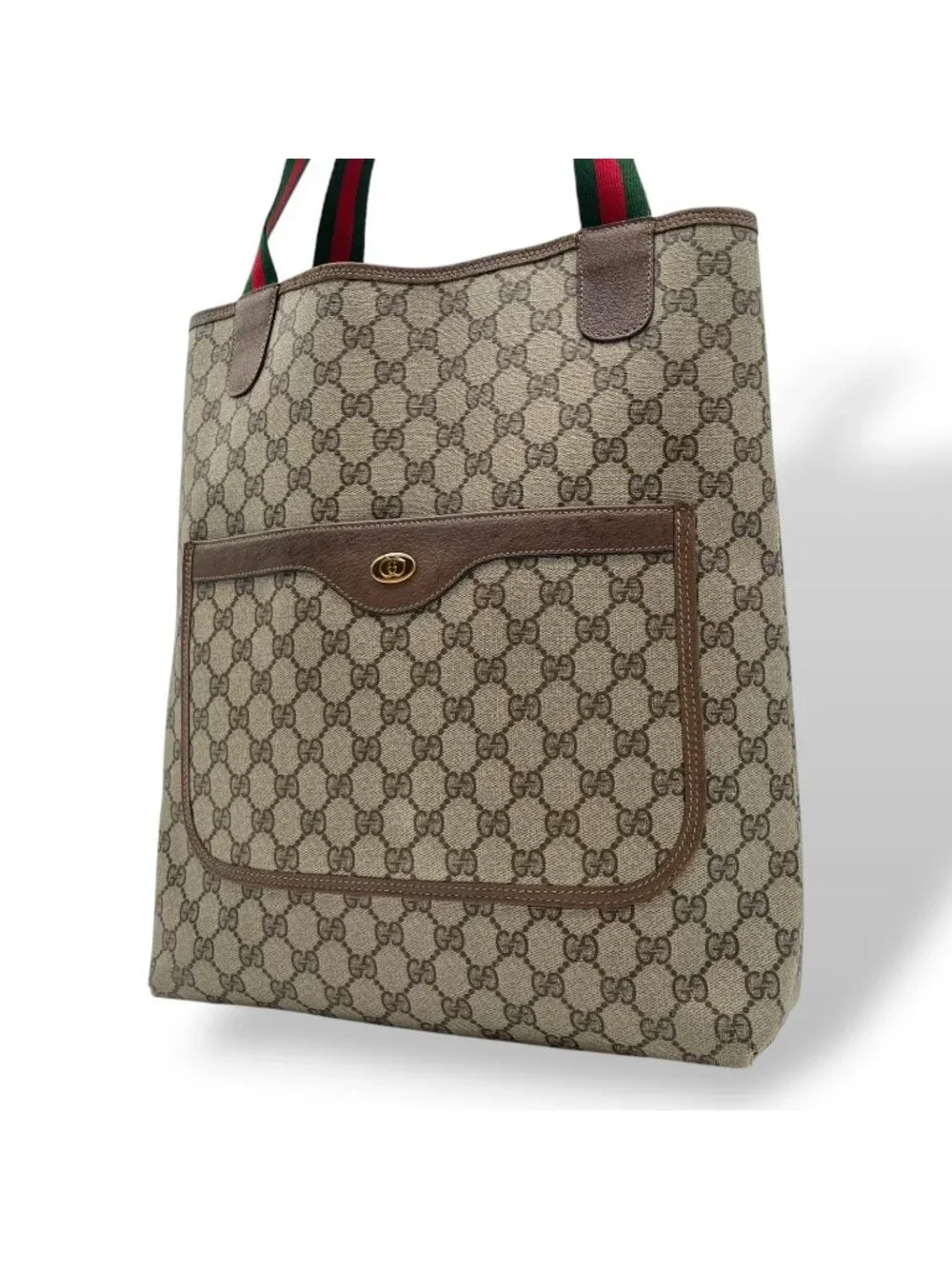 Gucci Tote Handle Vintage Sherry Line GG Plus Leather Gray Judah Brown Gold