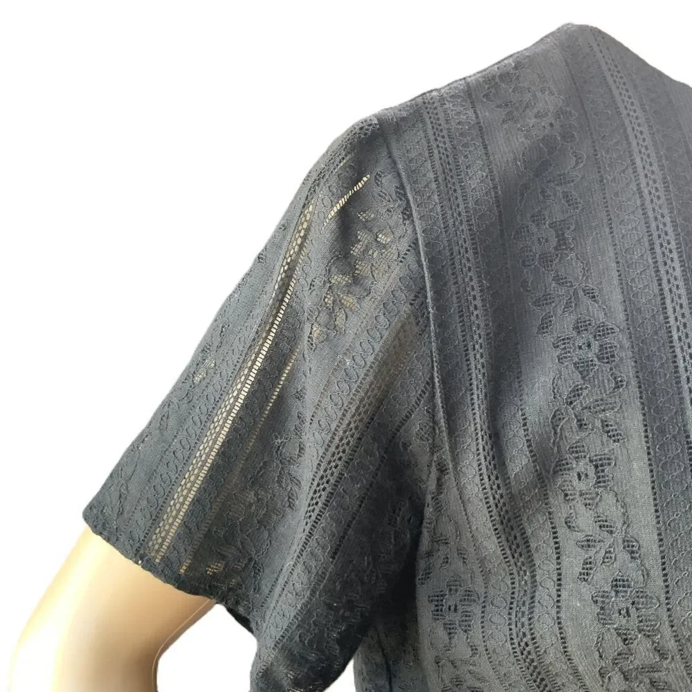 Michael Kors Black Lace‎ Cotton Fringe Hem Short Sleeve Blouse Size Large
