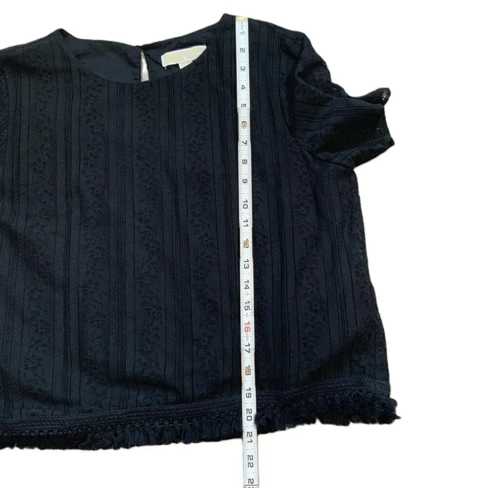 Michael Kors Black Lace‎ Cotton Fringe Hem Short Sleeve Blouse Size Large