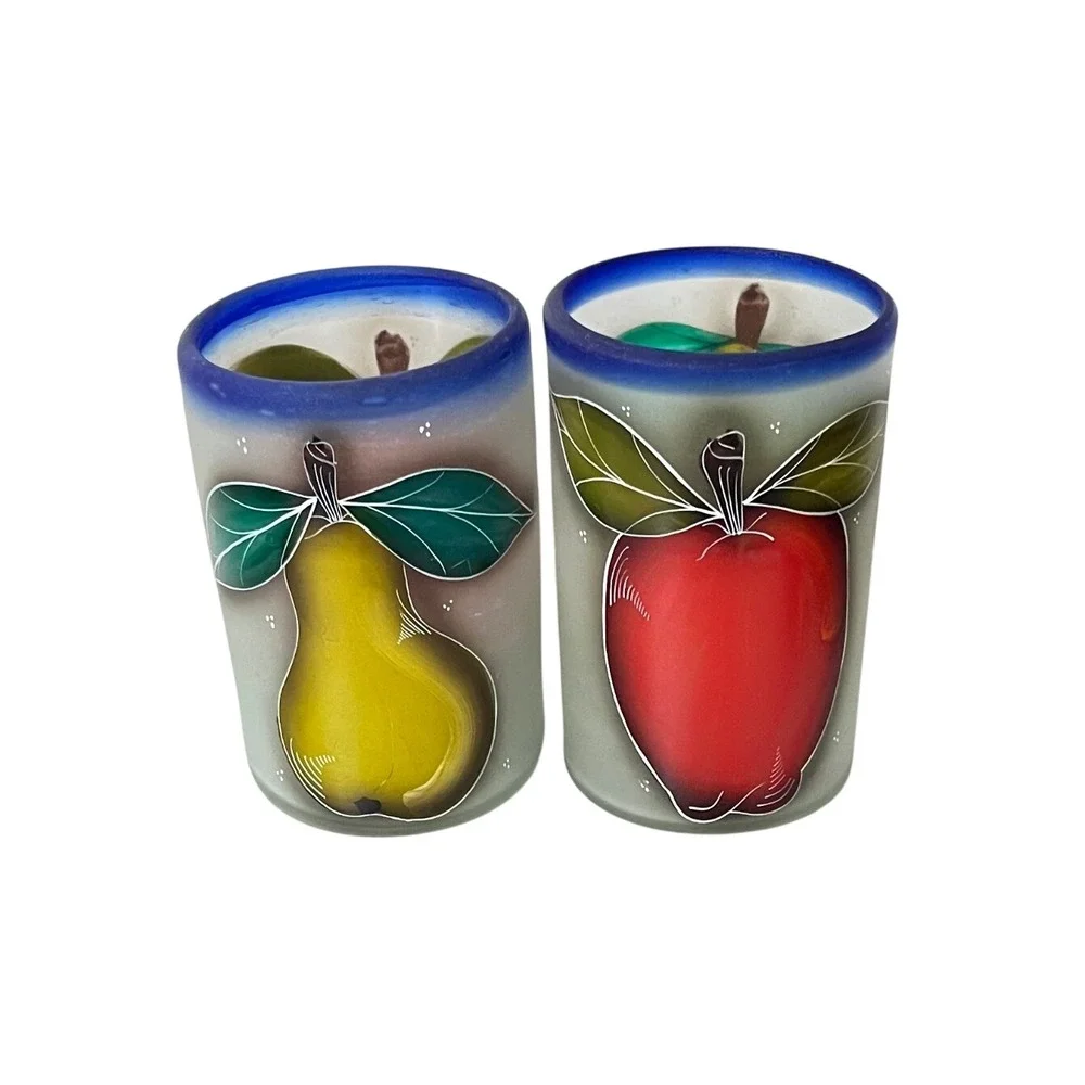 Vintage Mexican  Frosted Glass Tumblers  Multicolor Vintage Fruit Set of 2