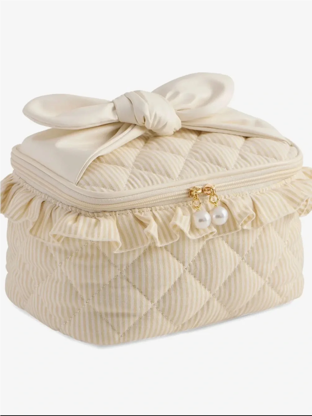Cream Quilted Cosmetic Bag with Bow & Pearl Zipper large