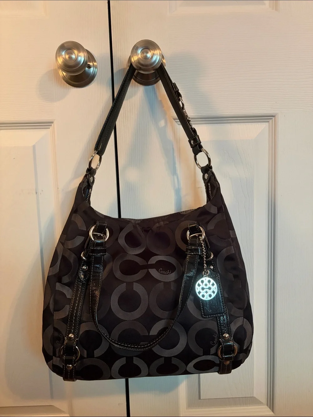 Vintage Coach Op Art Sateen Alexandra Black Signature Circle Shoulder Bag