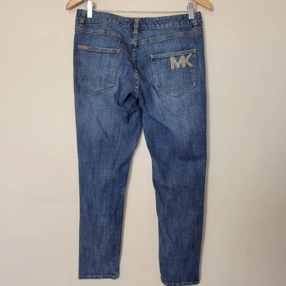 EUC Michael Kors Size 6 Low Rise 5 Pocket Straight Denim Jeans Studded MK Logo